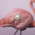 Elegant round silver metal setting with cream faux pearl and sparkling rhinestone border - Off-white