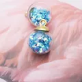 Blue iridescent heart glitter inside glass sphere pendants with gold metal caps - Dark Blue