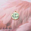 Blue and light blue checkered round enamel pendant with golden trim and metal ring - Round / Blue