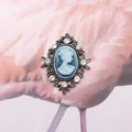 Antique silver cameo brooch with blue female profile and sparkling rhinestones - Gray