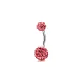 Makroaufnahme von gebogenem Bauchnabelpiercing mit zwei funkelnden rosa Kristallkugeln - Rosa