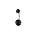 Makroaufnahme von silbernem Bauchnabelpiercing mit schwarzen Pavé-Discokugeln und Kristallen - Schwarz