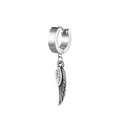 Detailed close-up of a silver stainless steel hoop earring with a feather wing pendant - Steel Color Feather