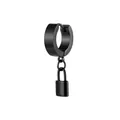 Close-up of black stainless steel hoop earring with a mini padlock pendant in punk style - Black Lock