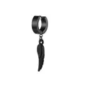 Black matte titanium steel hoop earring with detailed feather wing pendant for punk style - Black Feather