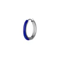 Detailed view of silver stainless steel hoop earrings with blue enamel drip oil finish - Silver Blue