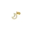 Detailed view of a gold crescent moon earring featuring delicate white zircons and butterfly back - Moon Design / Gold Moon