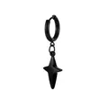 Detail of black stainless steel hoop earring with a 3D star-shaped dangle pendant - Black Four-pointed Star
