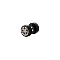 Macro detail of dumbbell-shaped wooden stud earrings with silver ethnic pattern inlay - Vintage Ethnic Scroll Style (Silver 6)