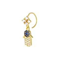 Golden Hamsa Hand nose ring with blue and white zircons and a floral top design - Hamsa Hand Style / Gold