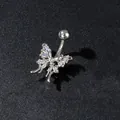 Silver butterfly belly button ring with sparkling zircon stones on a black surface - Hollow Butterfly Shape / Triple Layer Silver