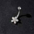 Macro view of silver butterfly belly button ring with zircon floral petals and metal rod - Five Petal Flower Marquise Style