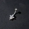 Silver butterfly belly button ring with sparkling zircon crystals and flower design - Four-leaf Flower Style