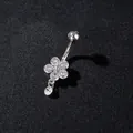 Silver butterfly flower belly button ring with sparkling zircon stones and pendant - Five-Petal Flower Tassel Style