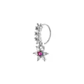 Silver nose ring with white zircon hoop and red gemstone flower pendant - Red Flower Style / Silver