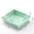 Square sandwich box with green checkered base and clear lid, 12.5cm pastry packaging - Blue Square