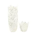 Detail showing tulip-shaped muffin liners in off-white with gold foil polka dots - White Gold Dot Style