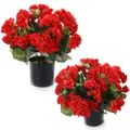 Primer plano de geranios artificiales rojos vibrantes en macetas negras decorativas - Rojo