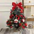 Close-up of 60cm mini Christmas tree with snow, red bows, pine cones and warm LED lights - 45cm Red White Ball Style