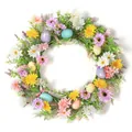 Corona de Pascua de 50cm con flores de primavera y huevos de colores para puertas - Estilo Margarita Rosa Amarilla Blanca Hoja Verde