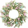 Corona de Pascua 50cm con huevos pastel y hojas verdes para decorar la puerta - Estilo Huevo Moteado Verdor Artificial Flor Pequeña