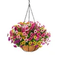 Hangmand met kleurrijke kunstpetunia's in kokosvezel voering en een metalen frame - Meerkleurig