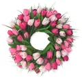 Couronne de tulipes artificielles avec fleurs de soie roses et blanches sur base naturelle - Thème Rose