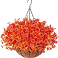 Detail van een hangende kunstbloemmand met oranje bloemen en voering van kokosvezel - Zonsondergang Rood