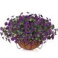 Outdoor hanging basket with purple artificial flowers, coconut liner and metal chains - Purple