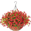 Detail van kunstmatige rode bloemenmand met kokosvezel voering en metalen ophangkettingen - Rood