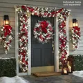 Detail of red and silver Christmas wreath with LED lights, bows and pinecones - Christmas Door Hangings - Red / Teardrop Tree Swag 45cm * 1