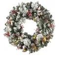 Guirnalda de Navidad de 75cm con piñas nevadas bayas rojas y luces LED cálidas - 45cm / Corona Flocada con LED