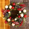 40cm Christmas wreath with red ornaments, cotton balls, and pine cones on a grey wall - Cotton And Pine Cone Style (without Light) / 50cm