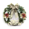 Christmas wreath with green pine needles, red berries, pine cones and Merry Christmas sign - Style 1 / 40cm (Gold Lettering)