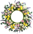 Macro shot of artificial eucalyptus wreath with yellow daisies and lavender details - Multicolor Lavender Daisy Mixed Wreath