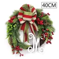 Christmas wreath with 40CM diameter featuring red berries, pine cones and striped bow M - Style 4 / 40cm (Striped Letter M)