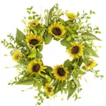Detailed view of sunflower wreath with vibrant yellow petals and mixed green foliage - Sunflower Decorative Wreath