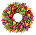 Artificial tulip wreath featuring vibrant red, purple, and orange flowers with green leaves - Multicolor Tulip Wreath