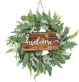 Artificial eucalyptus wreath with wooden 'welcome' sign and green foliage foliage - Eucalyptus Welcome Sign Wreath