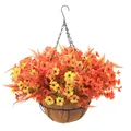 Hangende bloemmand met oranje-rode kunstbloemen en natuurlijke kokosvoering - Herfst Mix
