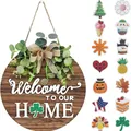 Plaque de porte bois Welcome avec 14 icônes interchangeables et décorations d'eucalyptus - Style de bois rond