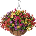 Hangmand met kokosvoering en kleurrijke kunstpetunia's aan metalen kettingen - Kleurrijke Hangmand
