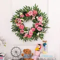 Corona floral primaveral con rosas rosas y hojas de sauce para decoración de paredes - Guirnalda de Rosas Rosas