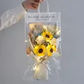 Artificial sunflower and champagne rose bouquet in a gift bag with warm LED fairy lights - Sunflower Bouquet with Transparent Bag