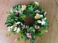 Detail of handmade artificial floral wreath with pink daisies and green eucalyptus leaves - 40CM / Phalaenopsis Orchid Wreath