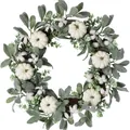 Couronne d'automne avec citrouilles blanches, coton et feuilles d'eucalyptus pour déco - Style Mini Citrouille Blanche et Eucalyptus (B020)