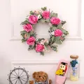 Pink faux rose wreath floral door hanger with lush green leaves for wall decoration - Rose Red Rose Wreath
