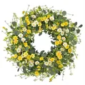 Close-up of a 45cm spring wreath featuring yellow daisies and eucalyptus green leaves - S / Yellow White Mixed