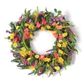 Künstlicher Sommerkranz mit gelben Gänseblümchen und Lavendel auf einem Rattansockel - Lavendelkranz Stil B / 55cm