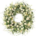 Künstlicher weißer Gänseblümchen- und gelber Blumenkranz mit grünen Eukalyptusblättern - Weiß / 60CM